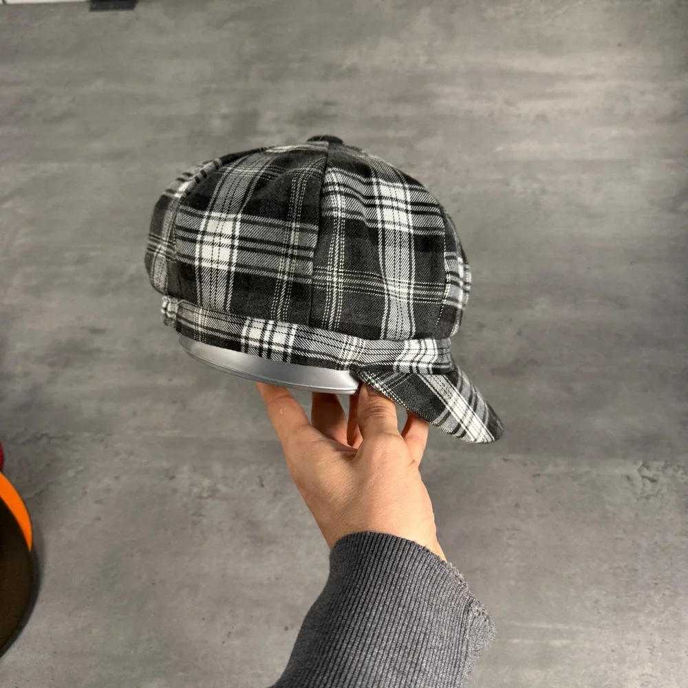 Newsboy Cap Women OS Black White‎ Plaid Bow Baker Boy Cabbie Hat Polo Twee Core